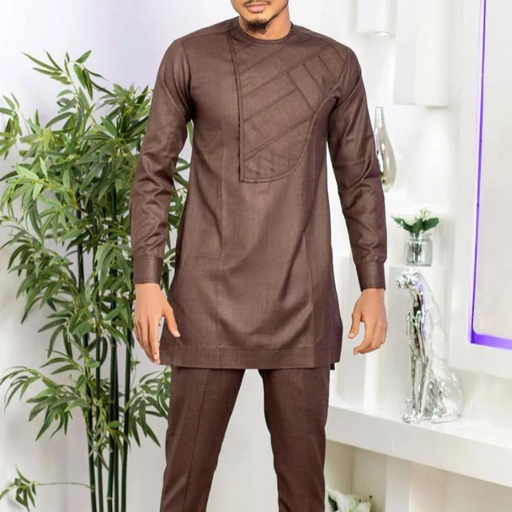 2023 New Men's Elegant Tops and Pants Two-piece Set Printed Solid Color Round Neck Long-sleeved Suit Social African Ethnic Style