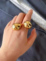 FFLACELL Vintage Chunky Gold Plated Glossy Double Water Drop Dome Open Rings for Women Exaggerated Trendy Jewelry Accessory