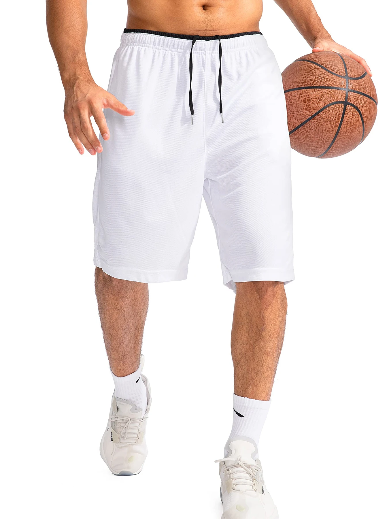 Quick Dry Athletic Shorts for Men Loose Fit Knee Length Training Shorts Elastic Drawstring Zipper Pocket Casual Sport Bottoms