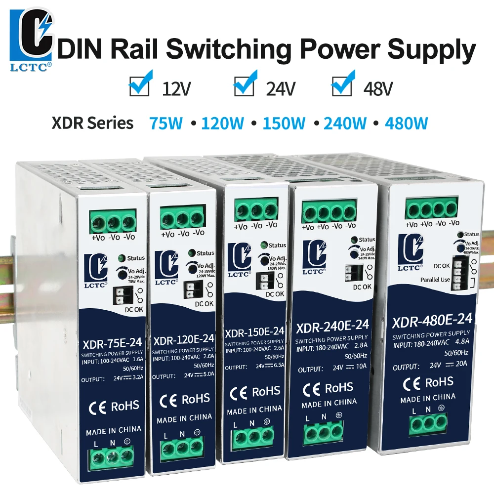 LCTC XDR Switching Power Supply 12V24V48v75W120W150W240W480W Din Rail Power Switch Single Output AC TO DC Industrial Transformer