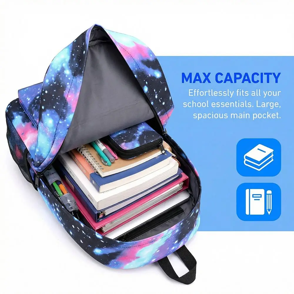 3pcs/set Cartoon Printed Students Backpack Large Capacity Ergonomic Shoulder Bag Crossbody Bag Kit Wear Resistant Modern