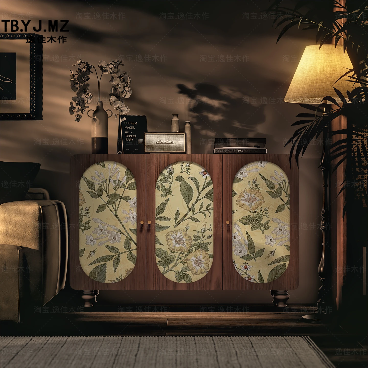 Credenza floreale vintage americana, sala da pranzo, credenza multifunzionale, soggiorno, contenitore in legno massello