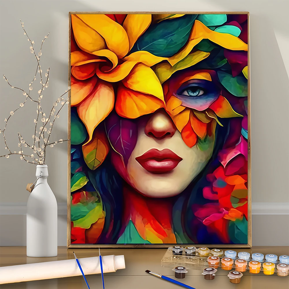 

1PCS Girl with Face Covered by Leaves DIY Acrylic Digital Painting Kit For Beginners Home Wall Decor Frame Not Included