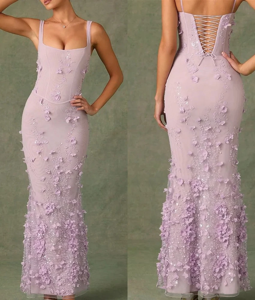 

Customized Exquisite Organza Mermaid Spaghetti Straps Sequined 3D Flowers Evening Dress Sexy Sleeveless Ankle Length Party Gowns