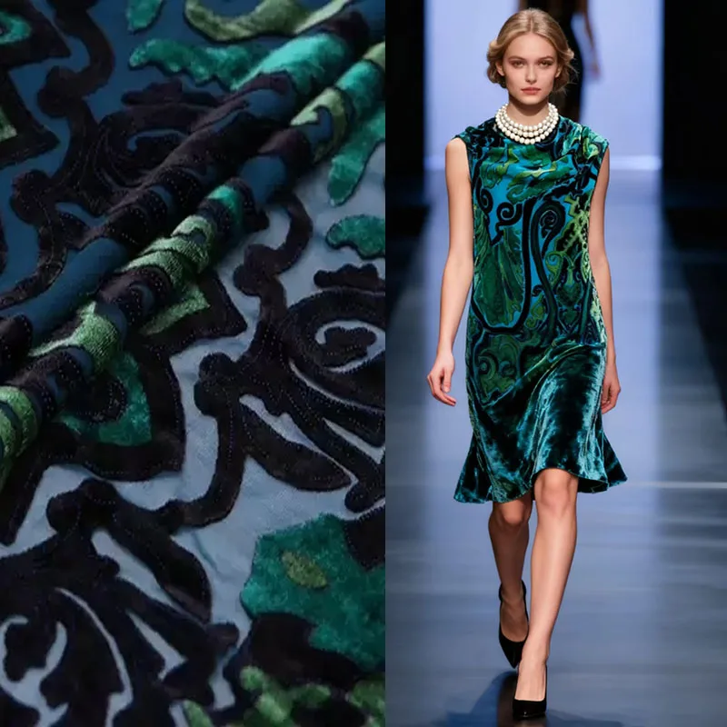 High Quality African Gilding Cord Lace Silk Fabrics Sewing Blackish Green 100%Silk Velvet Fabric Wide 1.4*1m Flower Tissue Dress