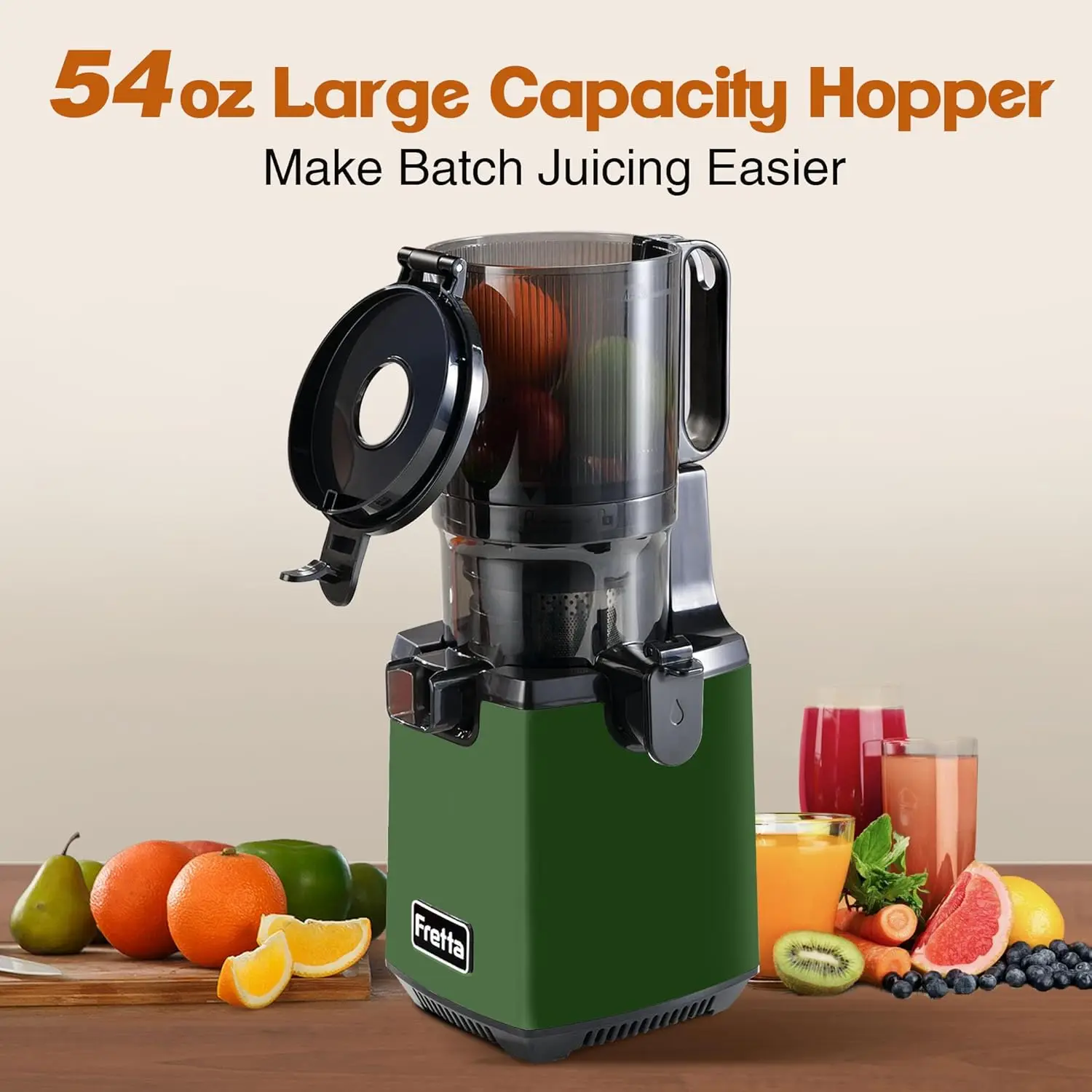 آلات عصارة الضغط، فريتا 5.3 بوصة عصارات المضغ البطيء ذاتية التغذية تناسب الفواكه والخضروات بالكامل، مستخرج العصير سهل التنظيف