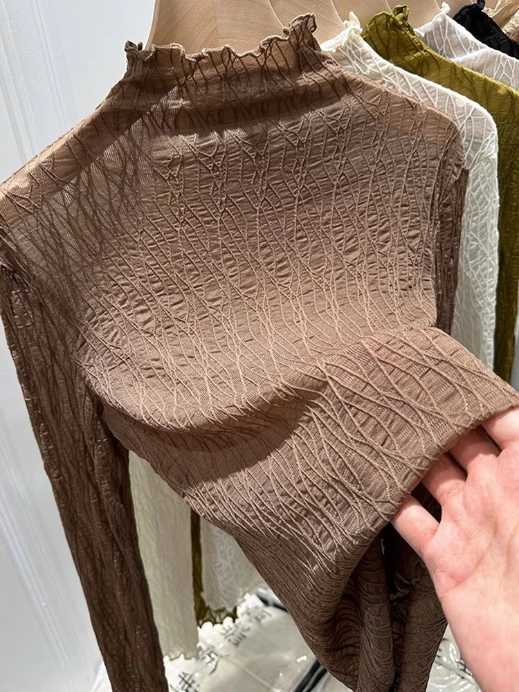 Lace Base Layer Shirt Women's Inner Wear Sweater Spring Autumn Winter Thickened Fleece Half High Collar Elegant Mesh Top