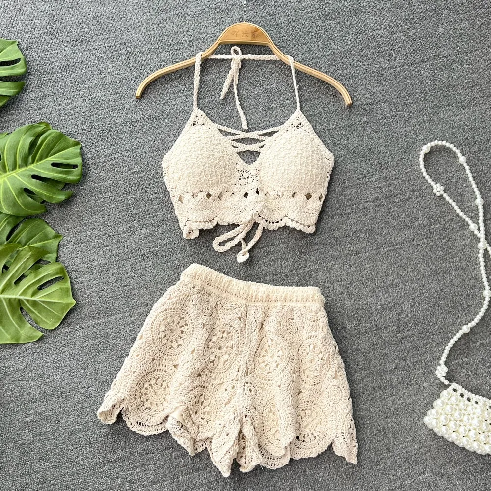Beach Vaion Hot Spring Knitted Swimsuit Set Women's Sexy Hollow out Ne Hanging Vest Two Piece High Waist Wide Leg orts