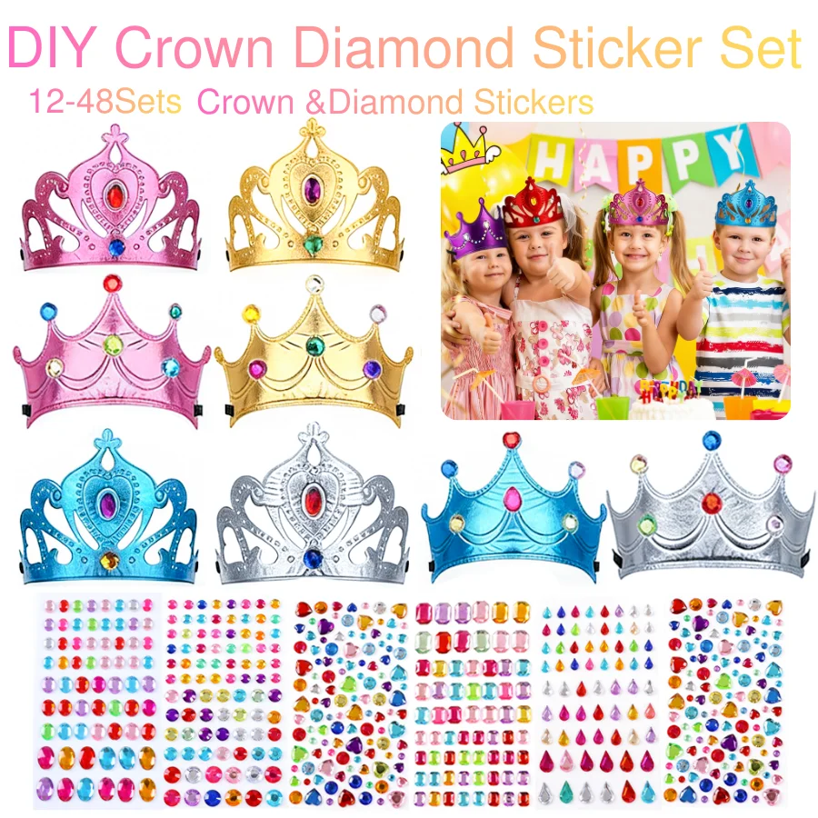 12-48 Conjuntos de Coroas de Princesa DIY para Meninas com Adesivos de Diamante, Chapéus de Rei e Tiaras em Lote para Suprimentos de Festa de Aniversário Infantil