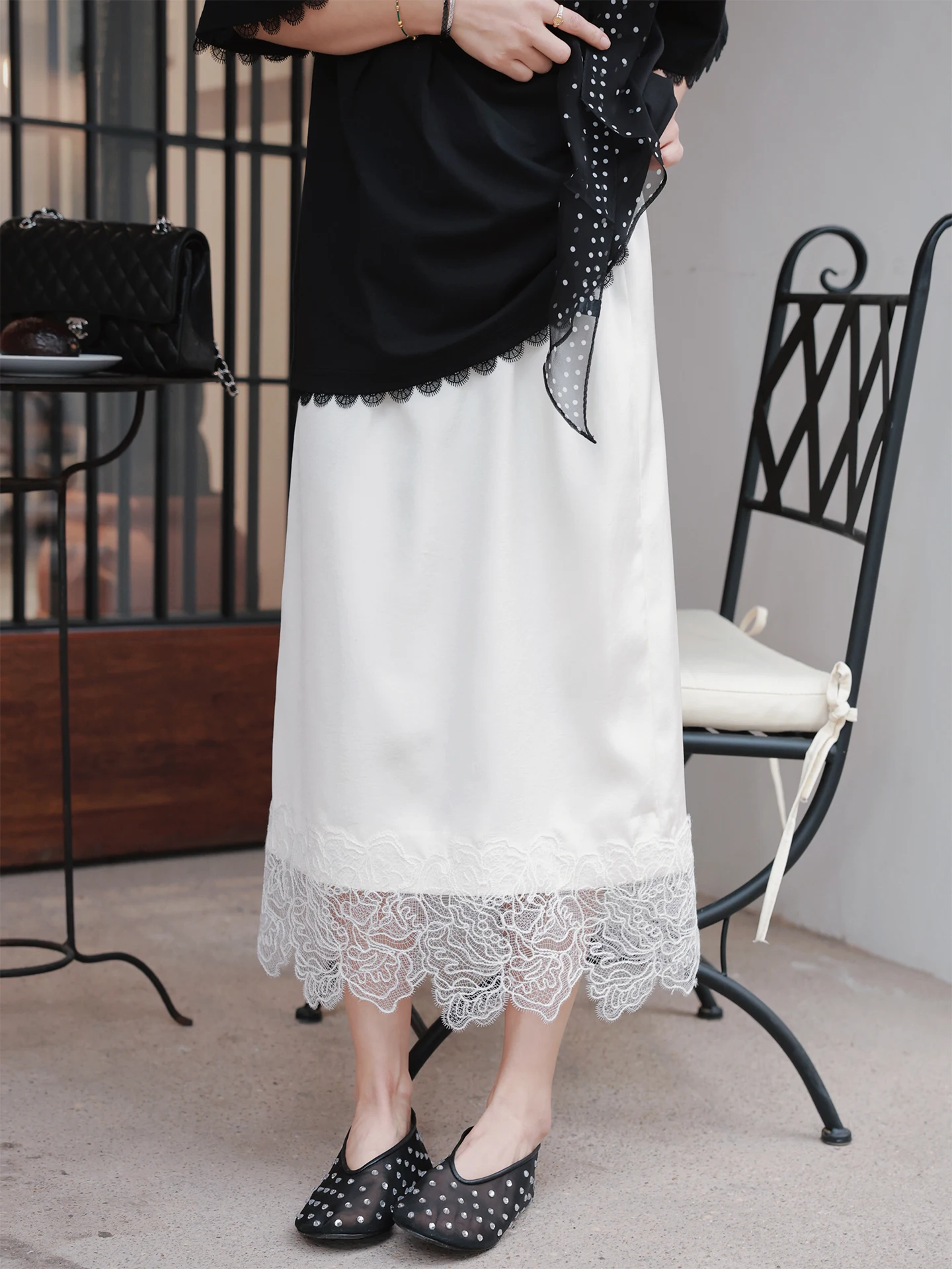 

Летняя юбка-миди А-силуэта из ацетатного сатина с высоким содержанием волокон, смешанного плетения, с драпировкой и кружевной отделкой TT