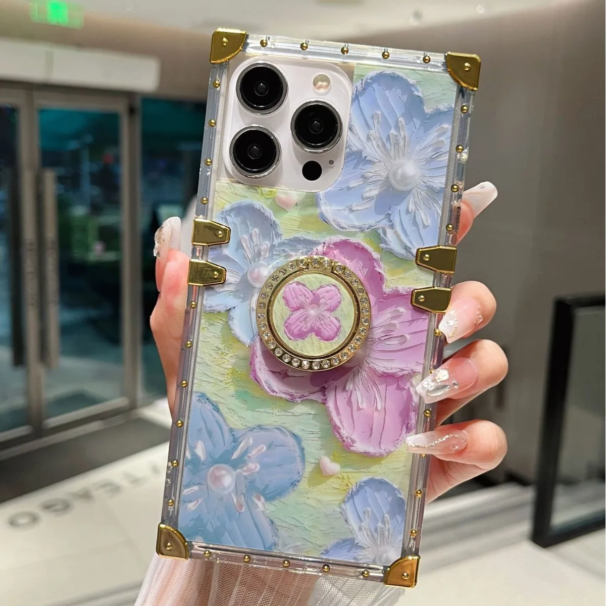 

Shockproof Square Flower Butterfly Design Ring Stand Phone Case for iPhone 16 15 14 13 12 11 Plus Pro Max Holder Cover