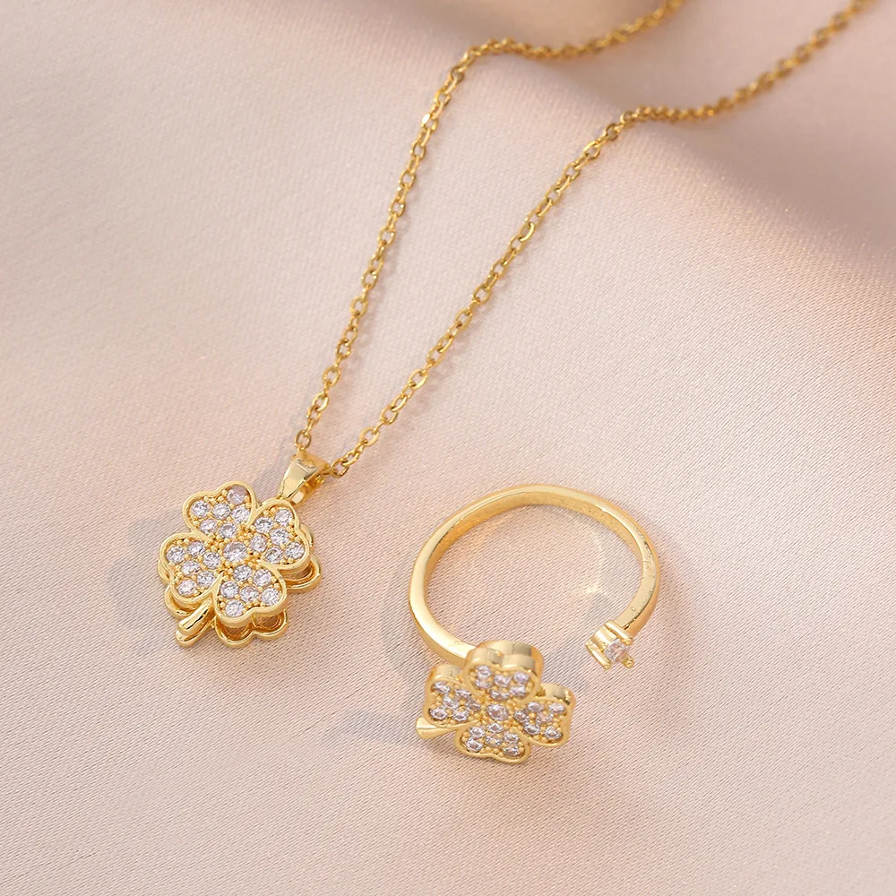 luxury earrings famous brands Rotating Clover Necklace for Woman Ring Fashion Versatile Style Set