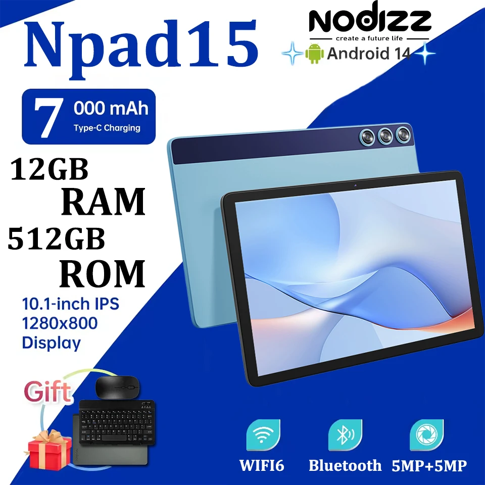 

Планшет Npad15, 10,1 дюйма, FHD, 12 ГБ ОЗУ + 512 ГБ ПЗУ, MTK6735, ядро 1280*800, дисплей, Android 14 5G, WIFI, 7000 мАч, двойная камера, планшеты Type-C