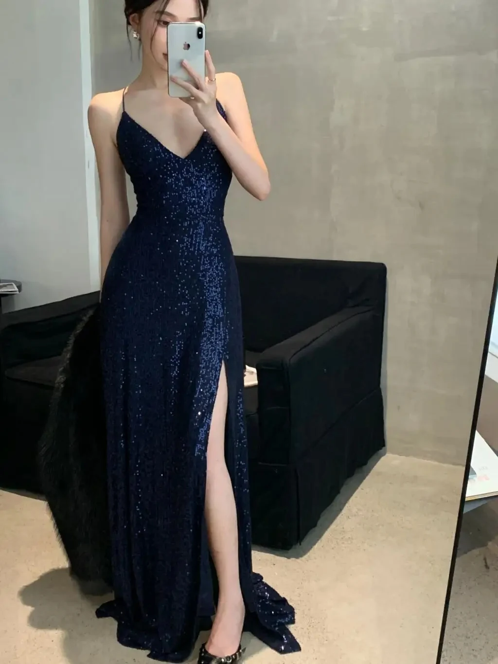 

Sparkly Sexy Sequin Evening Dresses Spaghetti Strap Criss Cross Corset Back Deep V-Neck Split Slim Prom Robe Long Birthday Party