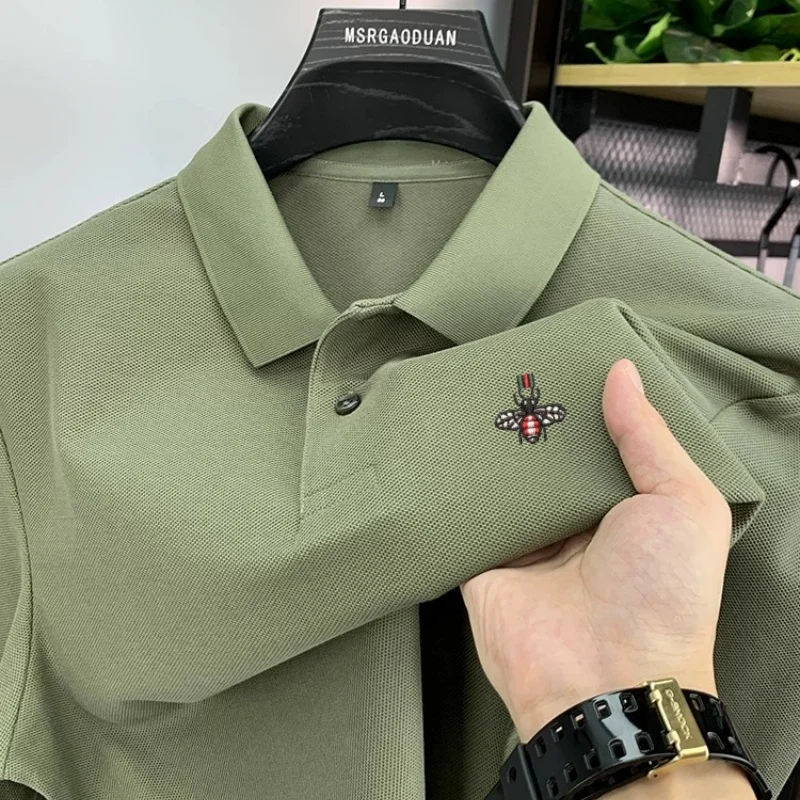 

Модные роскошные бренды длинными рукавами 100% Хлопок рубашка поло весна и осень комфортабельная воздухопроницаемая футболка новая пчелиная вышивка мужская одежда