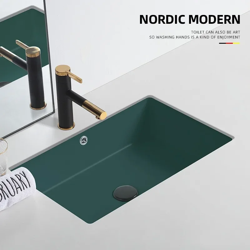 Dark green flat bottom under the counter basin, bathroom ceramic washbasin, balcony washbasin
