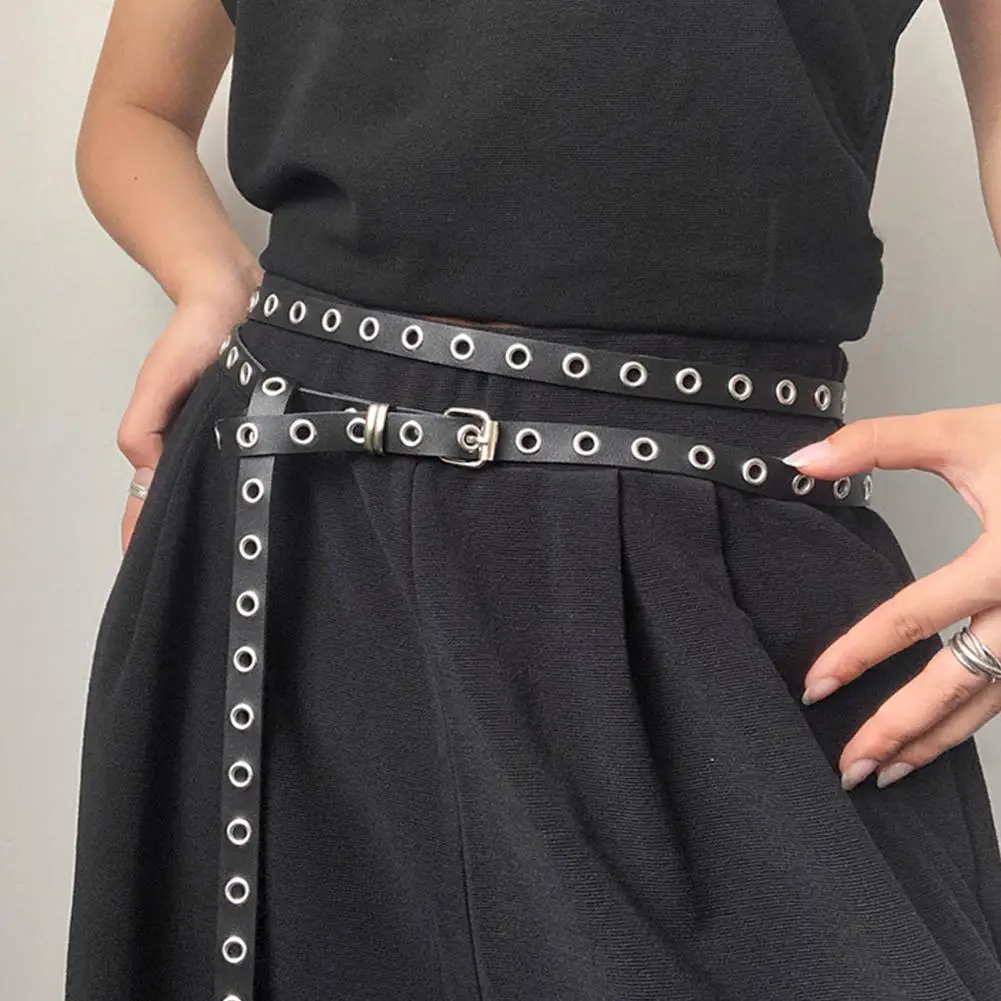 Damengürtel Hohlniet PU-Ledergürtel Damen Slim Fit Gürtel Klassischer Damengürtel Punk Doppelschlaufe Dünner Gürtel Einfache Taillenkette