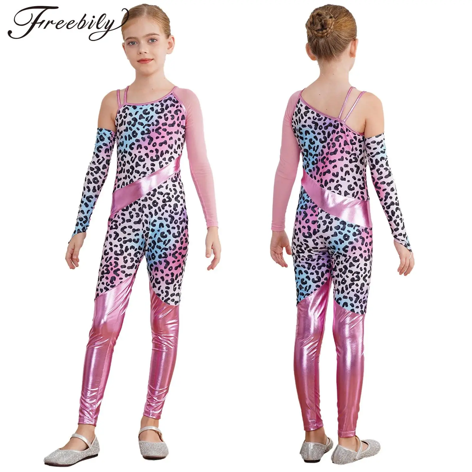 Kids Girls Athletic Gymnastic Sport Dance Leopard Fancy Print One Shoulder Unitard Jumpsuit Yoga Workout Figure Skating Costume