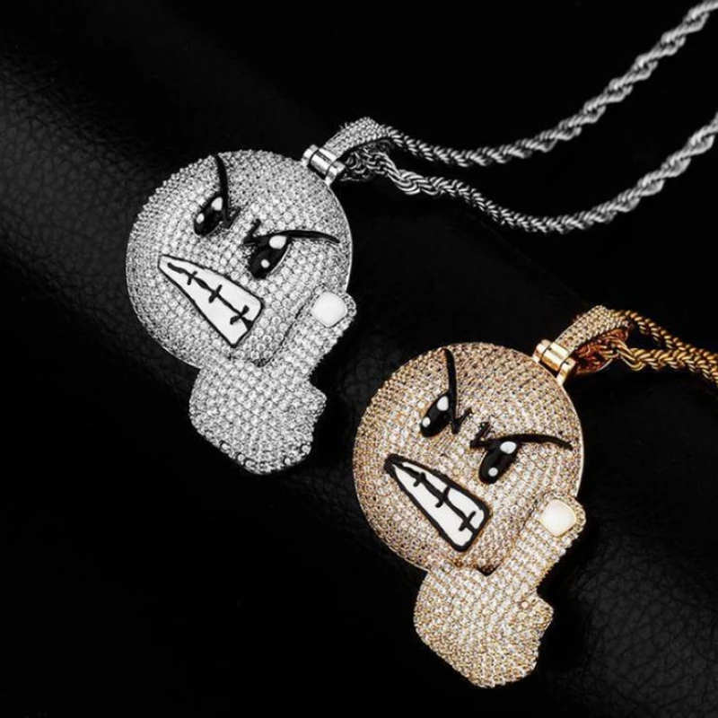 Hip-Hop CZ Pendant for Men Sweater Necklace Angry Face Vertical Middle Finger Pendant Street Cool Accessories Birthday Gift