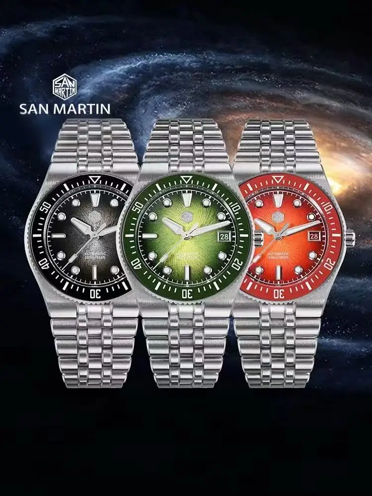 San Martin 40mm Enamel Spiral Dial Integrated Bracelet Men Diver Watch Miyota 9015 Automatic Mechanical Waterproof 200m SN0148