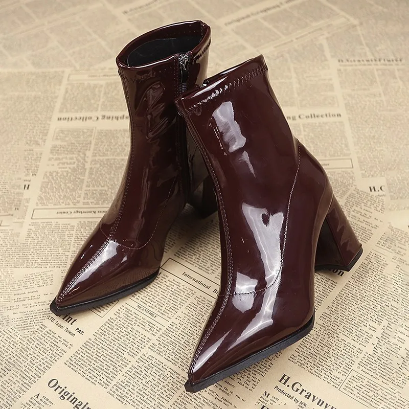 

Winter Patent Leather Women Ankle Boots Fashion Pointed Toe Short Booties Square High Heels Party Pumps Shoes