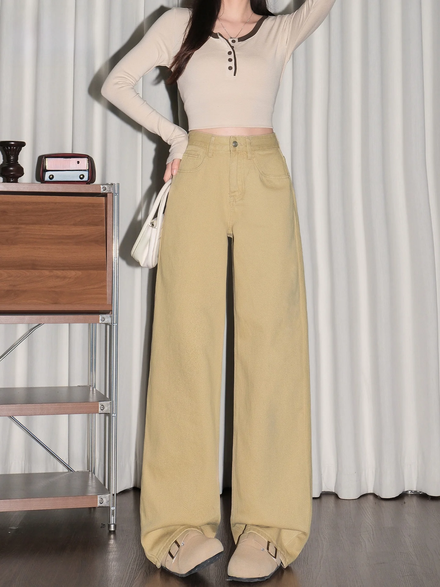 

Американские джинсы с высокой талией и широкими штанинами для женщин, летние, новые, свободные, стройнящие, прямые, повседневные, из хлопкового денима