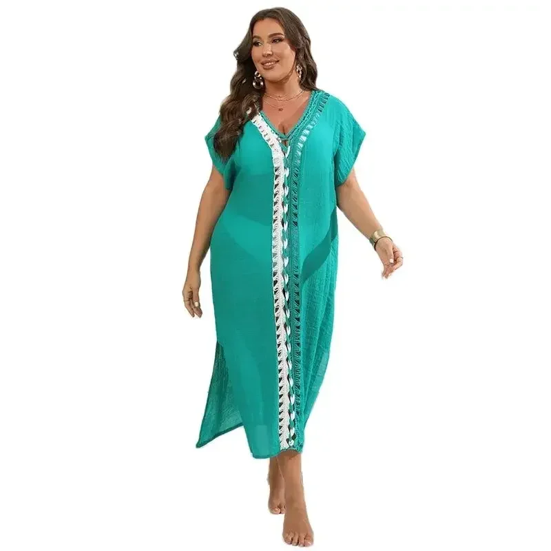 

Women Deep V Neck Colorblocking Sun Protective Coverall Summer Casual Vacation Split Hem Beach Dress New Female Bikini Cover-ups