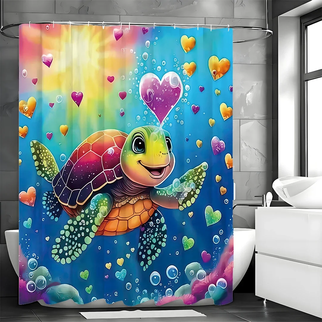 Underwater World Cute Cartoon Turtle Shower Curtain, Bathroom Decorative Shower Curtain, Waterproof Shower Curtain with Hooks