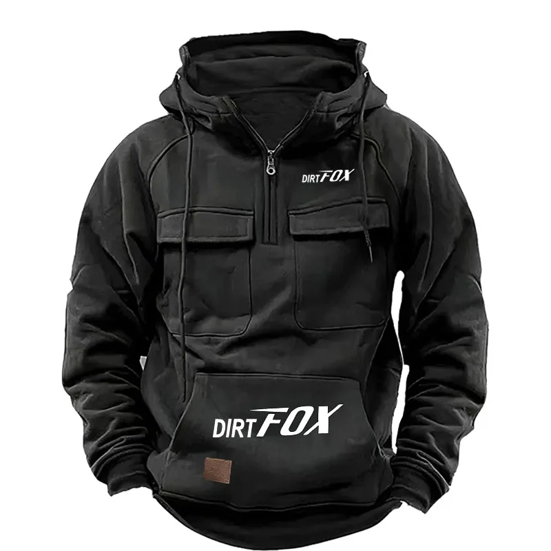 DIRTFOX Retro Tough Guy Heavyweight Hoodie Men's Hooded Zipper Fleece Lined Thickened Loose Men's Motorcycle Pullover Clothes