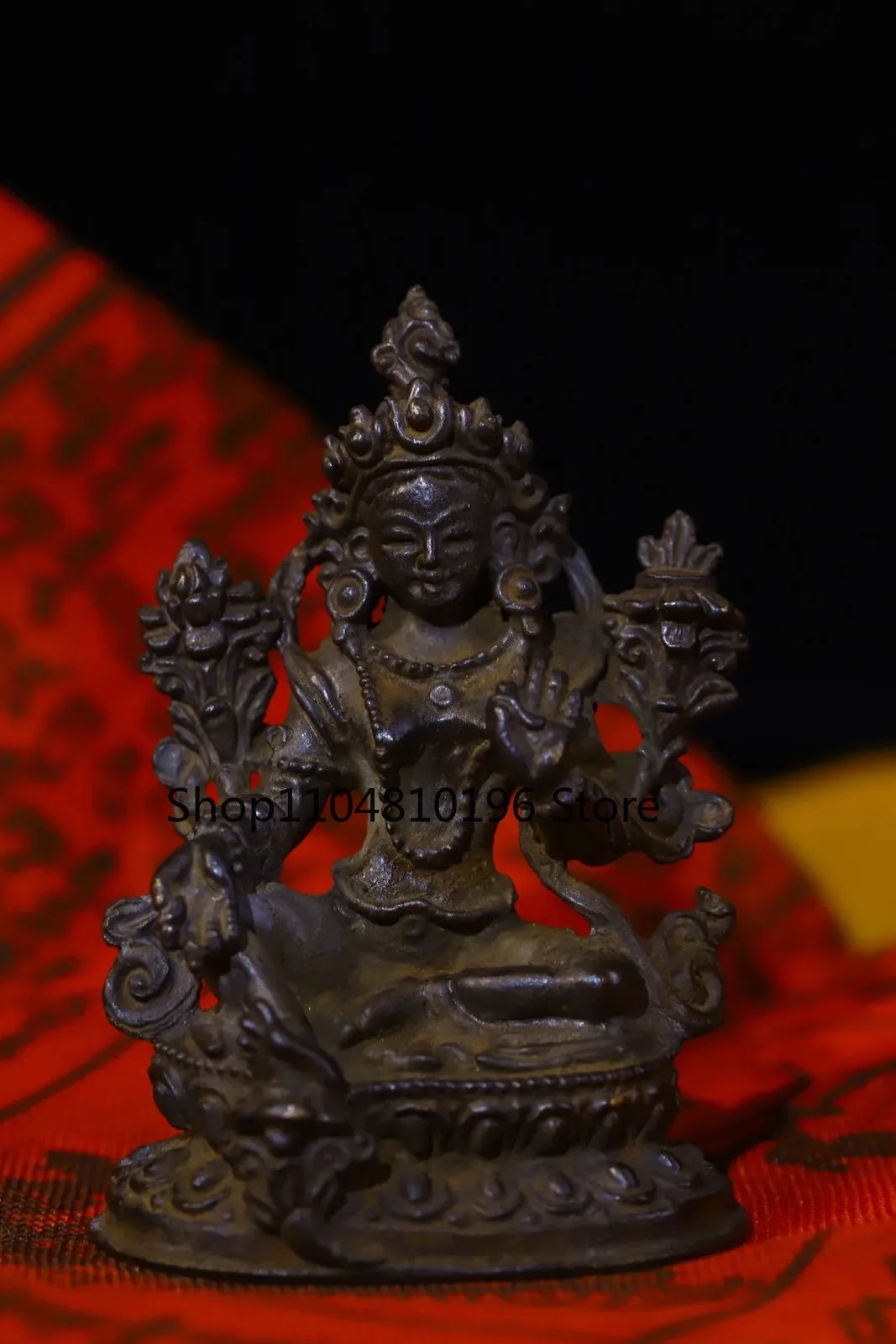 Bronze Cinnabar Green Tara Guanyin Bodhisattva Sitting Buddha Lotus Terrace