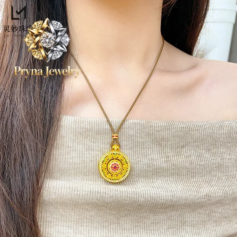 Pryna Jewelry  Luxury fashion 9999 24K real gold namel dot diamond silk compass pendant necklace rotatable Ruyi disc pendant