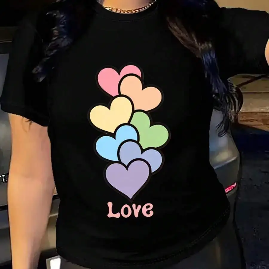 

Womens Casual Black T-Shirt With Rainbow Hearts Print Love Graphic