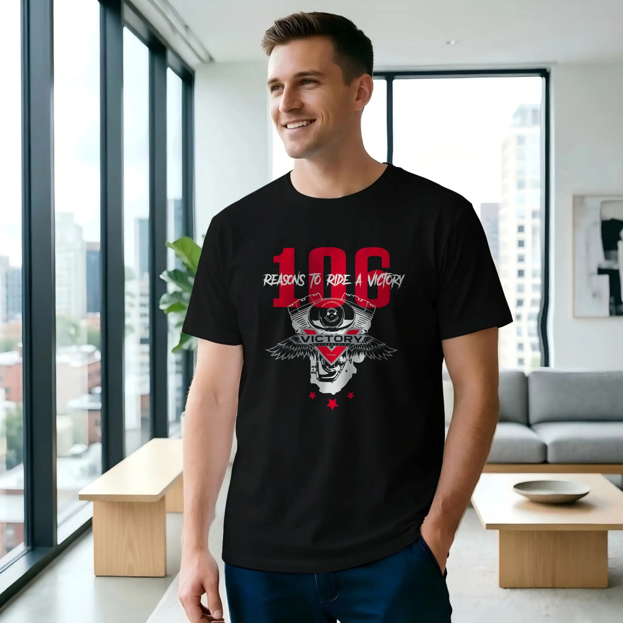 106 Reasons to Ride A Victory Men's T Shirt Victory  Hipster Tee Shirt Short Sleeve Round Neck 100% Cotton Printed Clothes