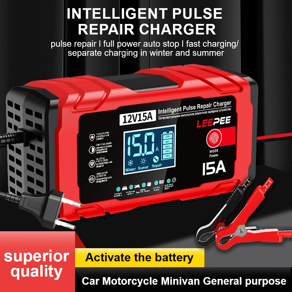 

Car Motorcycle Battery Charging Multifunctional Lead-Acid Smart Battery Charger Intelligent Pulse Repair 12V 15A 12A Maintenance