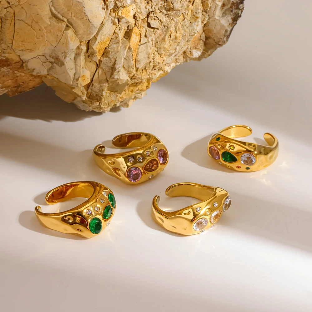 TD Fashion Offener Ring aus Edelstahl mit farbigem Zirkon-Einleger, 18K vergoldet, geometrisch, wasserdicht – Detail 2