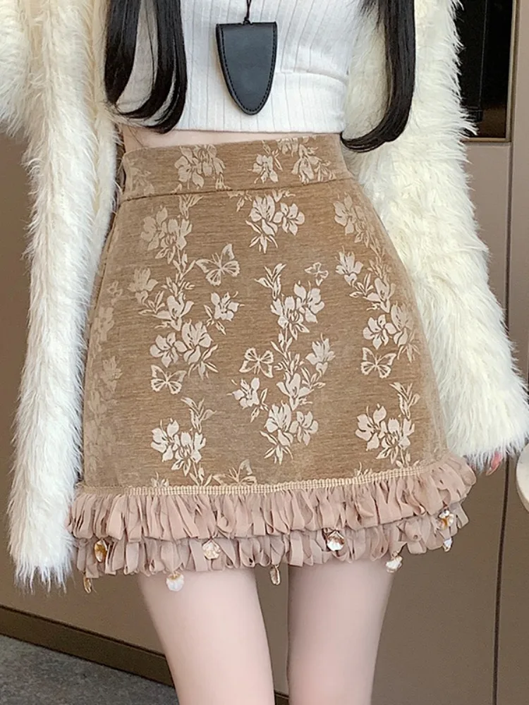 

French Vintage Design Skirts Ruffles Patchwork Jacquard High Waist Mini Skirt 2025 Autumn New All Match Slim Women's Clothing