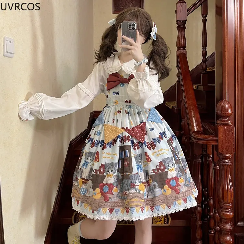 Giappone Kawaii Lolita Style Jsk Dress Women Sweet Cat Print Bow a vita alta senza maniche Strap Dresses Girls Cute Cosplay Costumes