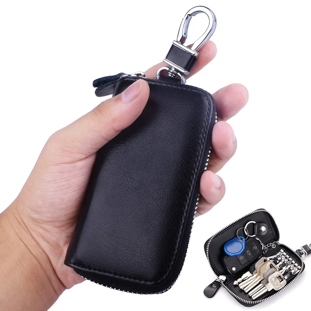 Porta-chaves de couro genuíno para homens e mulheres, Bolsa Multifuncional Key Housekeeper, Bolsa Zipper Card, Bolsa Car Chaveiro Carteira, 11.5x6cm