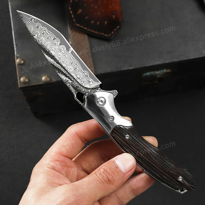High-Quality Damascus Steel Pocket Knife, Men's EDC Knife, with Leather Sheath, Ebony Wood Handle, Outdoor Camping Folding Knife