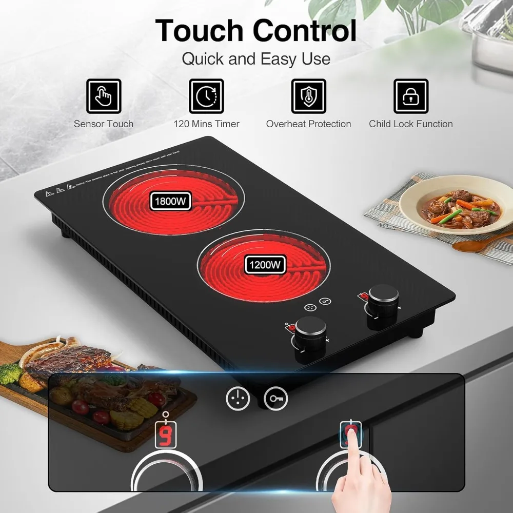 Electric Induction Cooker,12 Inch Built-in Stove Top, Child Safety Lock, LED Touch Knob Control, 2 Burner Electric Cooktop