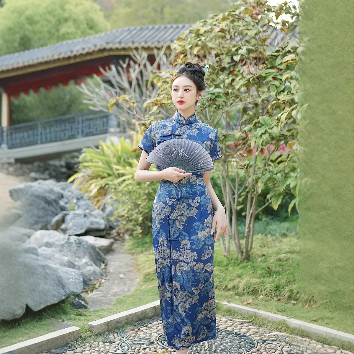 Spring and Summer New Slim-Fit Satin Cheongsam Long Dress Temperament National Style Retro Costume