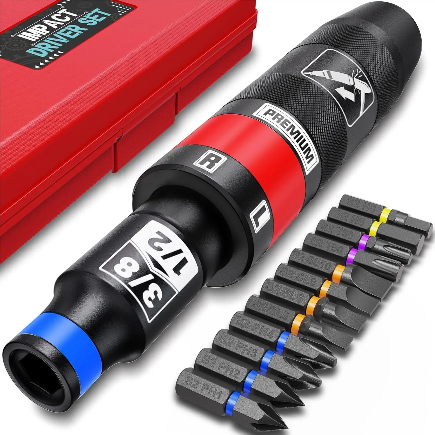 

1/2" Hand Impact Screwdriver Set, 13 PCS Manual Reversible Driver Kit with S2 Steel Bits for Rusted Fasteners and Frozen Bolts