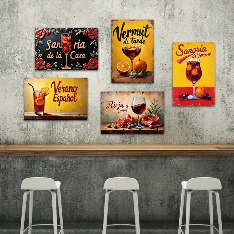 Juego de 5 Letreros Metálicos Vintage Españoles - Decoración de Pared para Bares de Tapas, Restaurantes, Cafeterías, Arte de Vino y Sangría