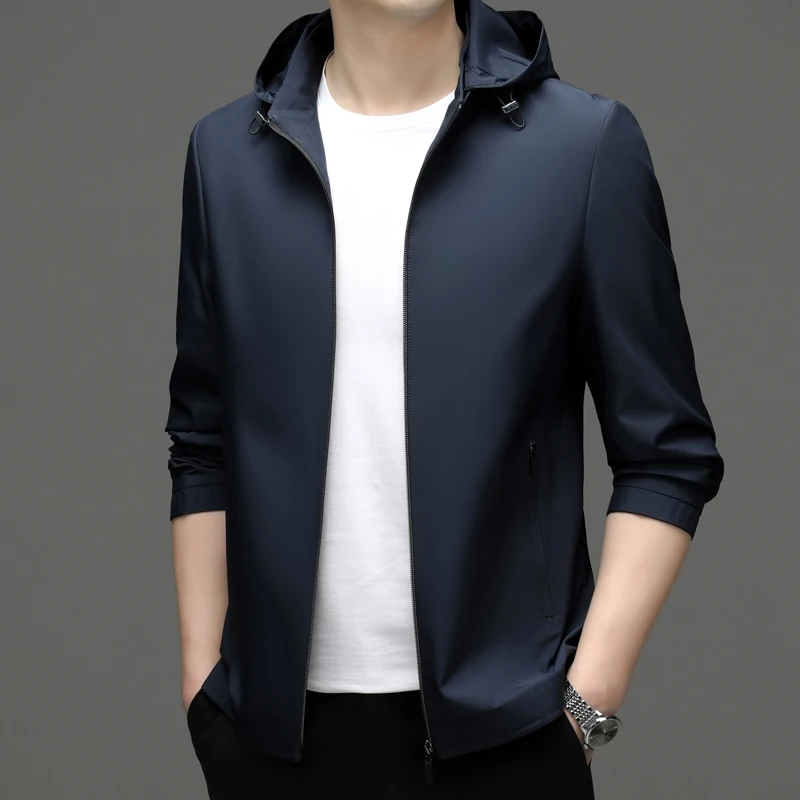 Minimalist Men's Smart Casual Hooded Jackets Navy Blue Basic Coat Hood Detachable Design Lightweight Outerwear Business Look
