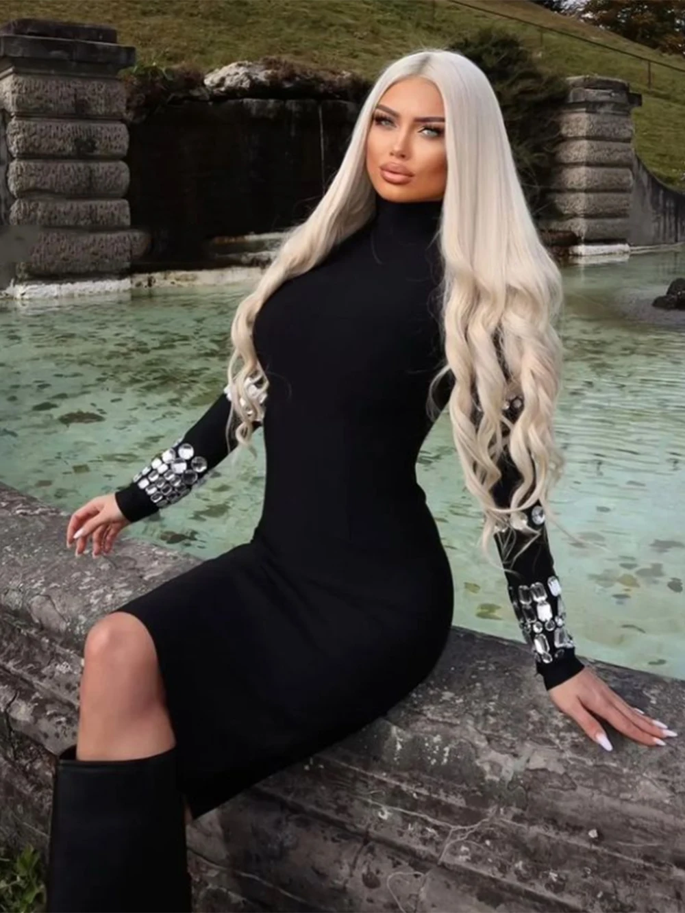 

Modphy 2024 Autumn Black Long Sleeve Crystal Diamond Tight Midi Bandage Dress Women's 2023 Elegant Sexy Bodycon Nightclub Party