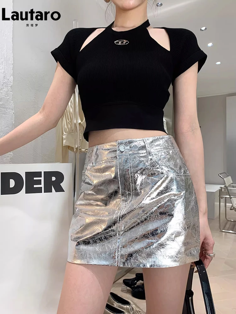 Lautaro Summer Autumn Silver Reflective Shiny Patent Leather Mini Skirts for Women High Waist Sexy Y2K Style Clothes Streetwear