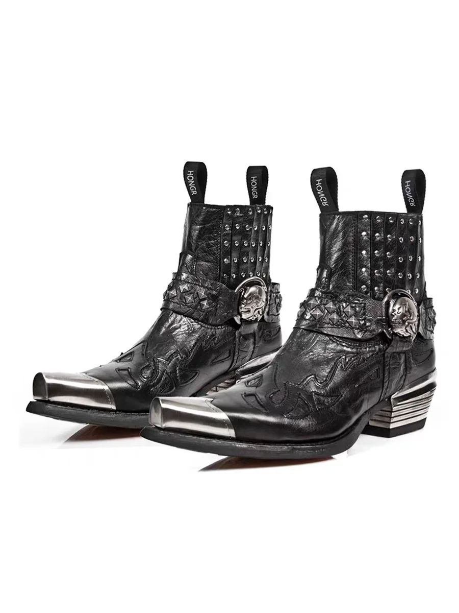 Botas de mujer con punta puntiaguda y ribete metálico, plataforma alta, tacón grueso, botas de moda negras, remaches con cordones, nuevas botas Chelsea