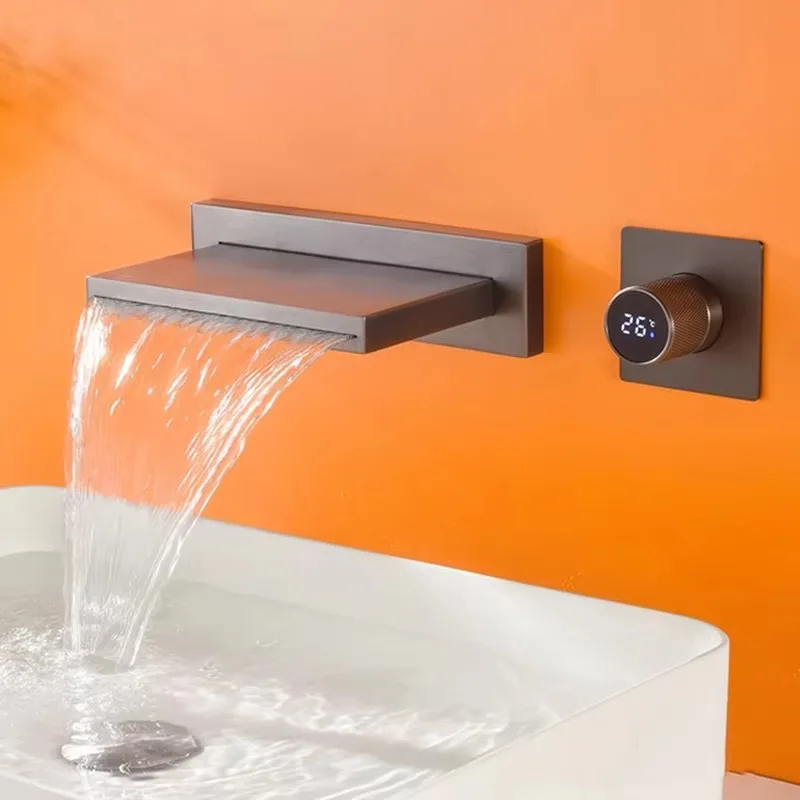 

New Design Digital Display Gun Grey Waterfall Bathroom Sink Faucets Mixer Lavatory Widespread Basin Faucet Spout Black Mixer Tap