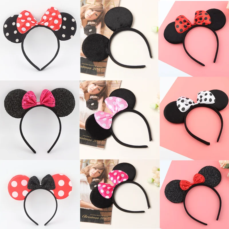 

Disney Mickey Ears Headband Cute Children Mickey Minnie Cosplay Sequins Bow Headdress Party Hair Accessories Toys Girls Gifts