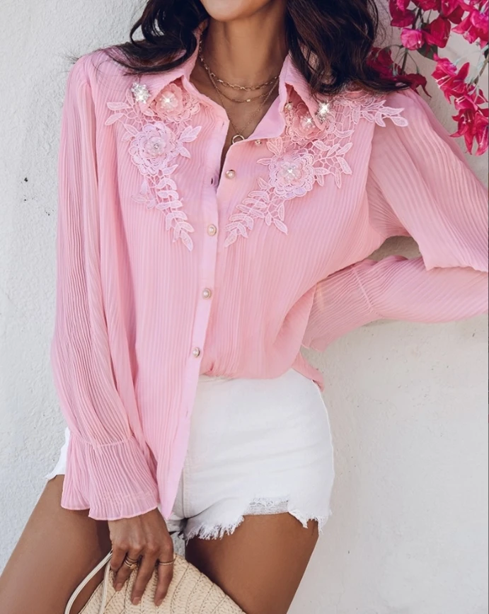 Top stand collar lantern sleeves beaded lace ruffled shirt